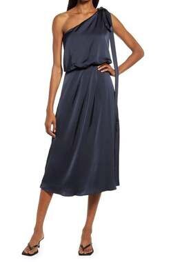 Amylynn Midi Dress Womens Small Navy One Shoulder Sleeveless B75
